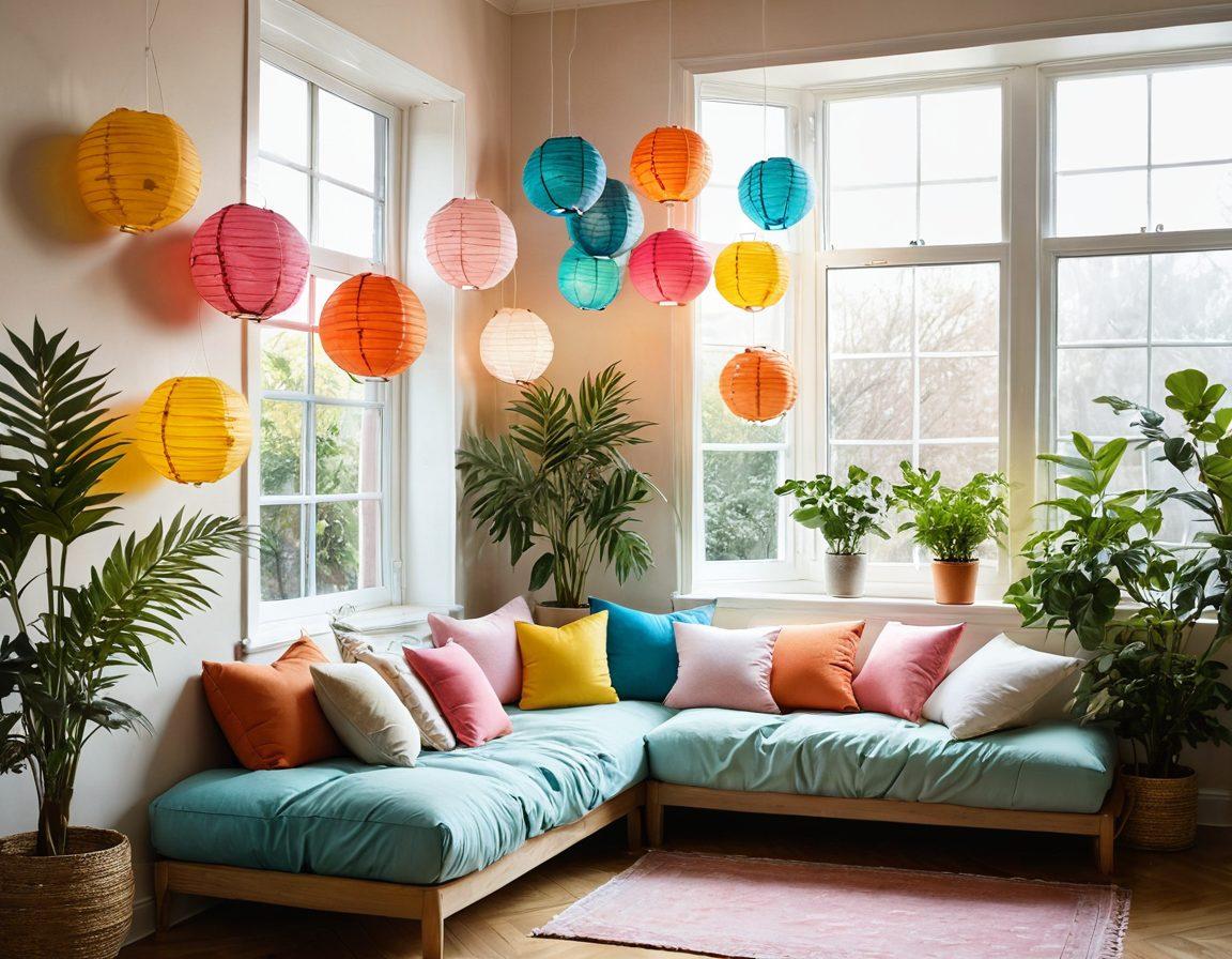A serene, sunlit room filled with vibrant plants, a cozy reading nook with colorful cushions, and large windows letting in golden light, embodying a joyful and optimistic atmosphere. Soft pastel colors and natural textures enhance the uplifting vibe, with dreamy paintings on the walls. Include a gentle breeze flowing through the open windows, carrying whimsical paper lanterns. super-realistic. vibrant colors. soft focus.