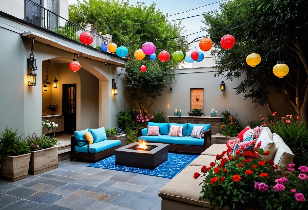 A serene and colorful outdoor space filled with vibrant flowers, lush greenery, and a gurgling fountain, invite people to relax and rejuvenate. Incorporate cozy seating areas with bright cushions and soft lighting, and a clear blue sky overhead. Emphasize a sense of tranquility and joy through playful, uplifting design elements like hanging lanterns and artful decorations. super-realistic. vibrant colors. bright background.