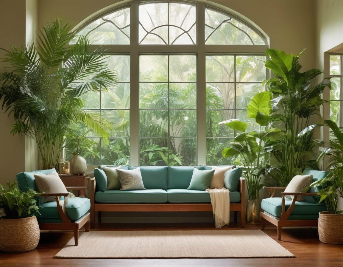 A serene indoor scene featuring a lush, green oasis with tropical plants and calming water elements, symbolizing tranquility and happiness. Floating rays of soft, natural light filtering through a large window, illuminating the space. Inclusive elements like scented candles, cozy seating, and peaceful decor create a blissful atmosphere. The color palette should evoke relaxation with soft blues, greens, and warm neutrals. vibrant colors. 3D. soft focus.
